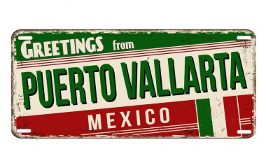 Puerto Vallarta 'dan selamlar beyaz arka planda paslı metal plaka, vektör illüstrasyonu