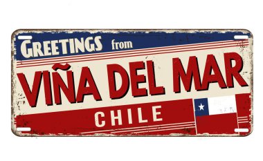 Beyaz arka planda Vina del Mar vintage metal plakadan selamlar, vektör illüstrasyonu