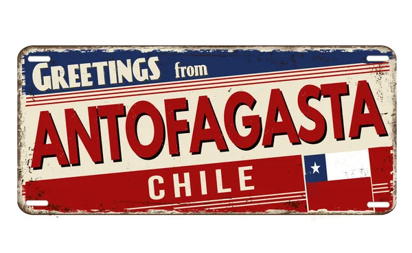 Greetings Antofagasta Vintage Rusty Metal Plate White Background Vector Illustration — Stock vektor