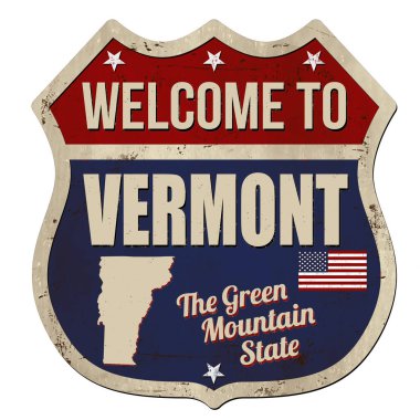 Beyaz arkaplandaki Vermont klasik paslı metal tabelasına hoş geldiniz.