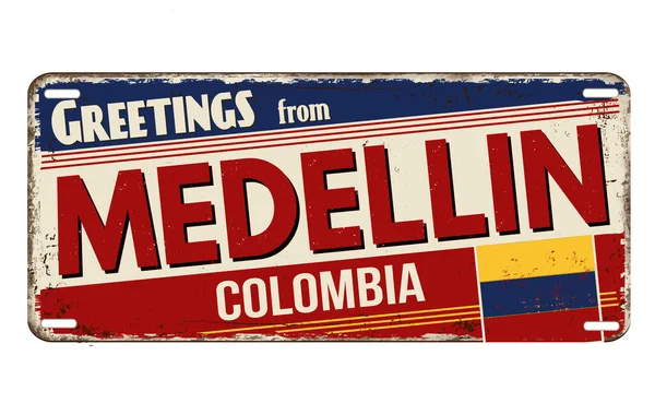 Groeten Van Medellin Vintage Roestige Metalen Plaat Een Witte Achtergrond — Stockvector