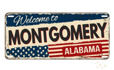 Beyaz arka plandaki Montgomery vintage paslı metal tabelasına hoş geldiniz.
