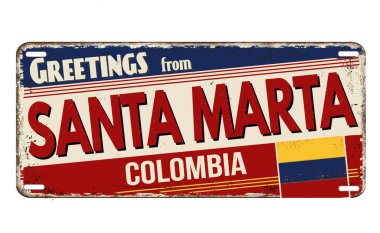 Beyaz arka planda Santa Marta vintage metal plaka selamlar, vektör illüstrasyon