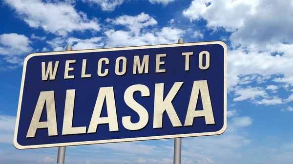 Välkommen Till Alaska Vägskylt Koncept Över Himlen Bakgrund — Stockfoto
