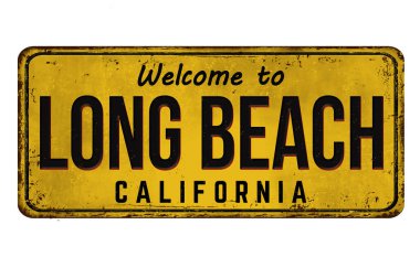 Beyaz arka plandaki Long Beach klasik paslı metal tabelasına hoş geldiniz.