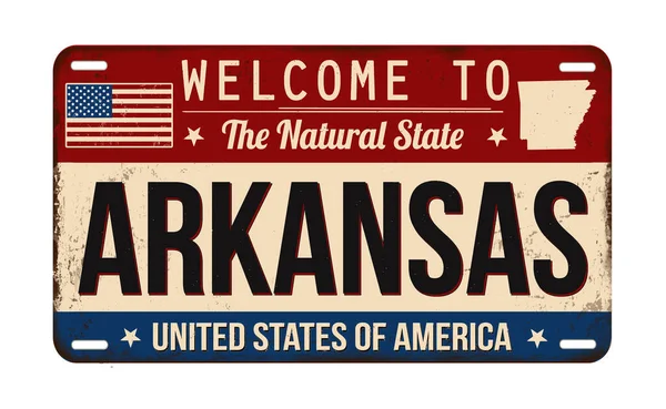 Welcome Arkansas Vintage Rusty License Plate White Background Vector Illustration — Stock Vector