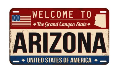 Arizona 'ya hoş geldiniz. Beyaz arka planda paslı plaka, vektör çizimi.