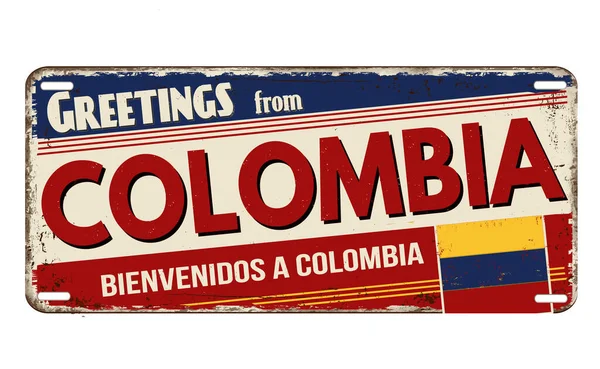 Вітання Колумбії Вінтажна Іржава Металева Пластина Білому Тлі Векторна Ілюстрація — стоковий вектор