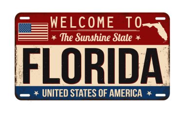 Beyaz arka plandaki Florida klasik paslı plaka, vektör illüstrasyonuna hoş geldiniz.