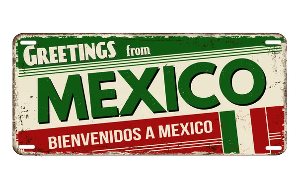 Greetings Mexico Vintage Rusty Metal Plate White Background Vector Illustration — Stock Vector