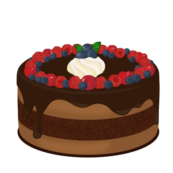 白い背景に新鮮なベリーとチョコレートのケーキ ベクトルイラスト — ストックベクタ
