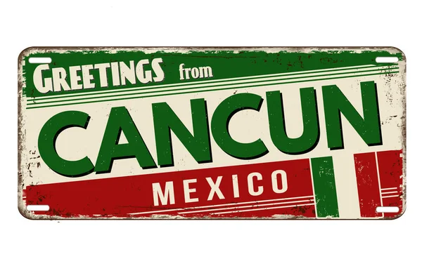Üdvözlet Cancun Vintage Rozsdás Fém Lemez Fehér Háttér Vektor Illusztráció — Stock Vector