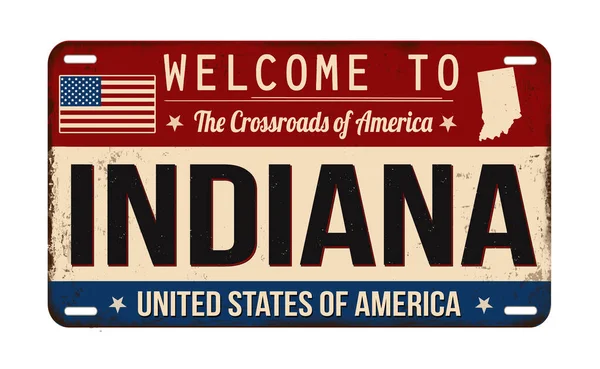 Welkom Bij Indiana Vintage Roestige Nummerplaat Een Witte Achtergrond Vector — Stockvector