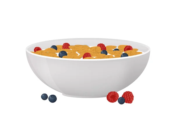一碗玉米片和浆果盖在白色背景上 病媒图解 健康早餐概念 — 图库矢量图片