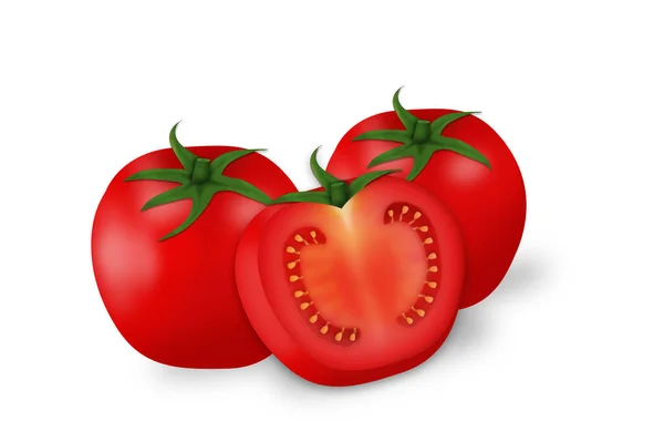 Röda Färska Tomater Med Gröna Stjälkar Isolerade Vit Bakgrund Vektor — Stock vektor