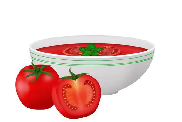 Sopa Gazpacho Tomate Uma Tigela Servida Com Folhas Manjericão Sobre —  Vetores de Stock