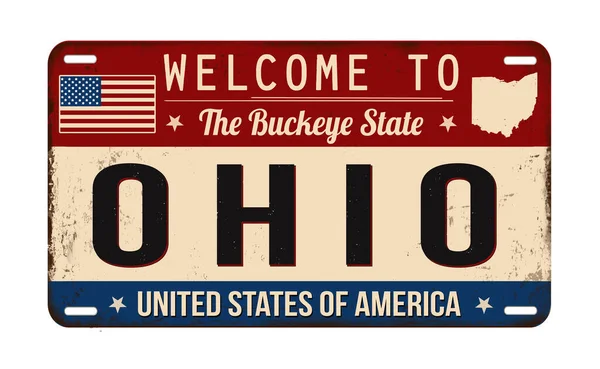 Välkommen Till Ohio Vintage Rostig Registreringsskylt Vit Bakgrund Vektor Illustration — Stock vektor