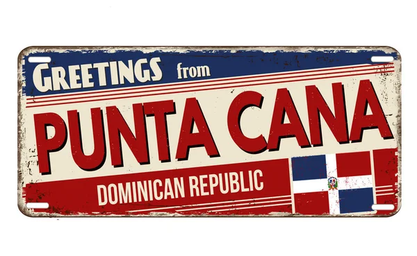 Üdvözlet Punta Cana Vintage Rozsdás Fém Lemez Fehér Háttér Vektor — Stock Vector