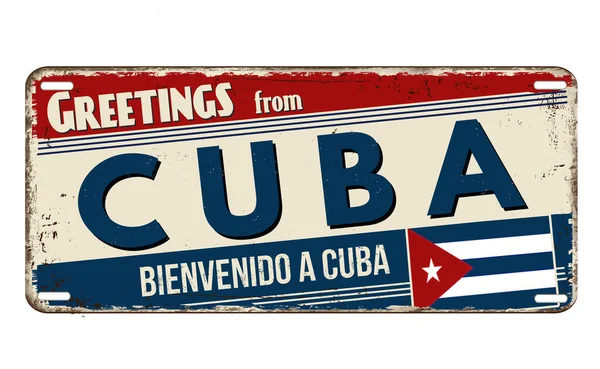 Greetings Cuba Vintage Rusty Metal Plate White Background Vector Illustration — стоковый вектор