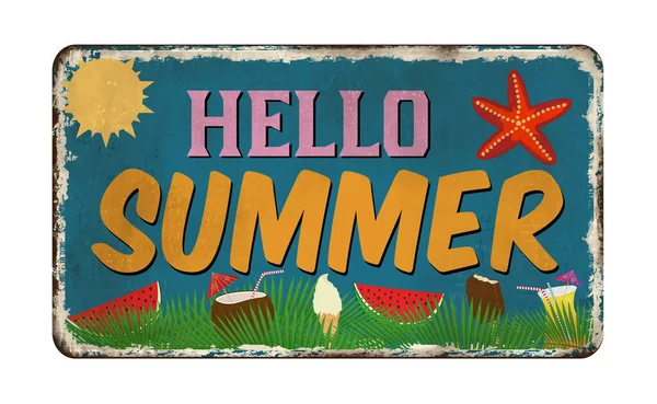 Hello Summer Vintage Rusty Metal Sign White Background Vector Illustration — Stock Vector