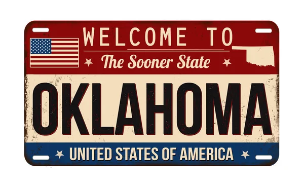 Üdvözöljük Oklahoma Vintage Rozsdás Rendszám Fehér Háttér Vektor Illusztráció — Stock Vector