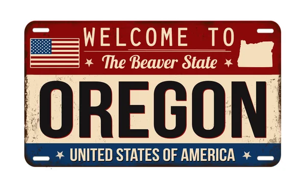 Üdvözöljük Oregon Vintage Rozsdás Rendszámtábla Fehér Alapon Vektor Illusztráció — Stock Vector