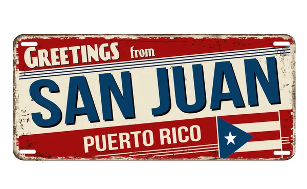 Saluti San Juan Vintage Arrugginito Piatto Metallo Uno Sfondo Bianco — Vettoriale Stock