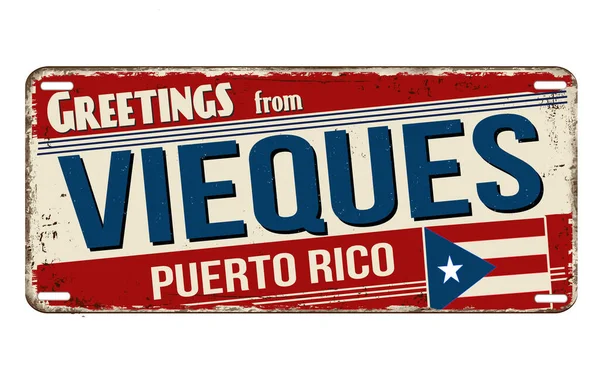 Greetings Vieques Vintage Rusty Metal Plate White Background Vector Illustration — Archivo Imágenes Vectoriales