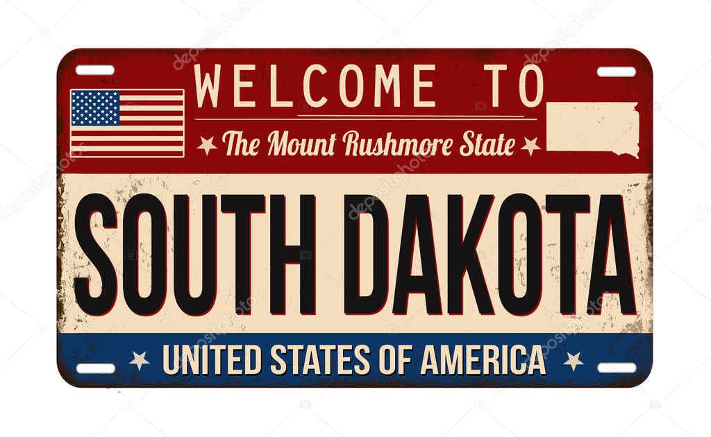 Welcome to South Dakota vintage rusty license plate on a white background, vector illustration