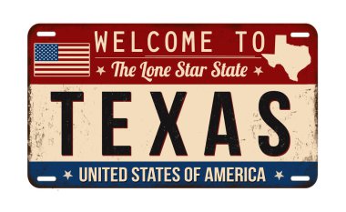 Welcome to Texas vintage rusty license plate on a white background, vector illustration