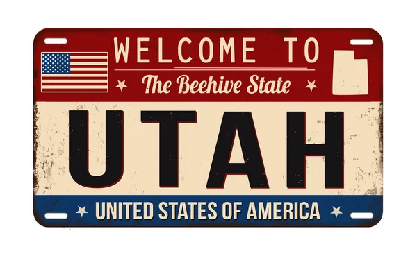 Welcome Utah Vintage Rusty License Plate White Background Vector Illustration — Vetor de Stock