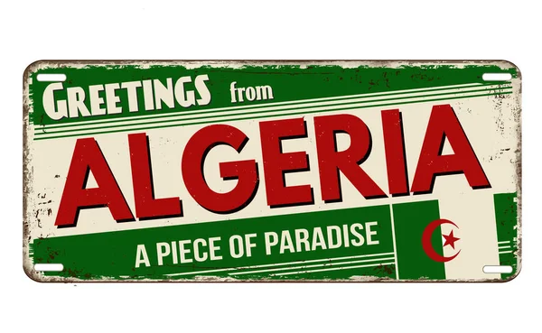 Greetings Algeria Vintage Rusty Metal Plate White Background Vector Illustration — Archivo Imágenes Vectoriales