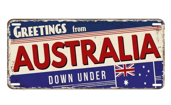 Greetings Australia Vintage Rusty Metal Plate White Background Vector Illustration — ストックベクタ