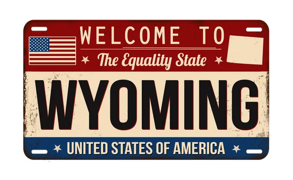 Welcome Wyoming Vintage Rusty License Plate White Background Vector Illustration — Vetor de Stock