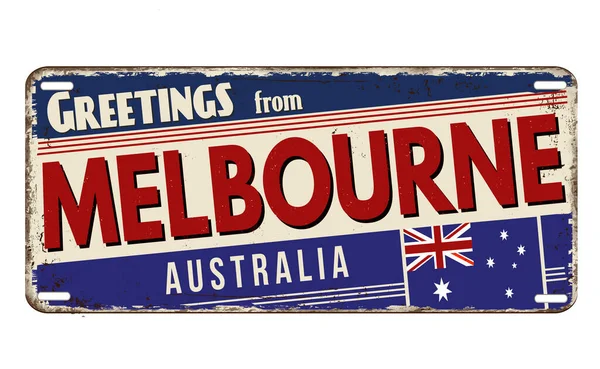 Greetings Melbourne Vintage Rusty Metal Plate White Background Vector Illustration — Stock vektor