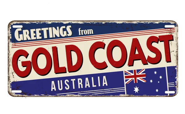 Greetings Gold Coast Vintage Rusty Metal Plate White Background Vector — Stock Vector