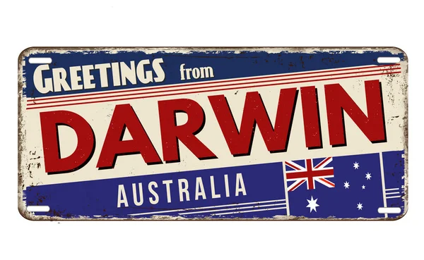 Beyaz Arka Planda Darwin Vintage Paslı Metal Plakadan Selamlar Vektör — Stok Vektör