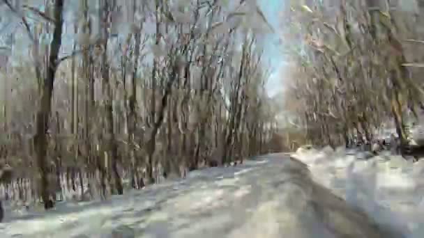 Un viaggio fuori città su una strada innevata. Interruzione temporale . — Video Stock