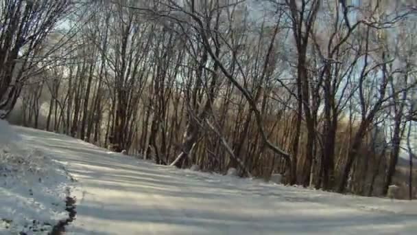 Un viaje fuera de la ciudad en una carretera nevada. Tiempo de caducidad . — Vídeos de Stock