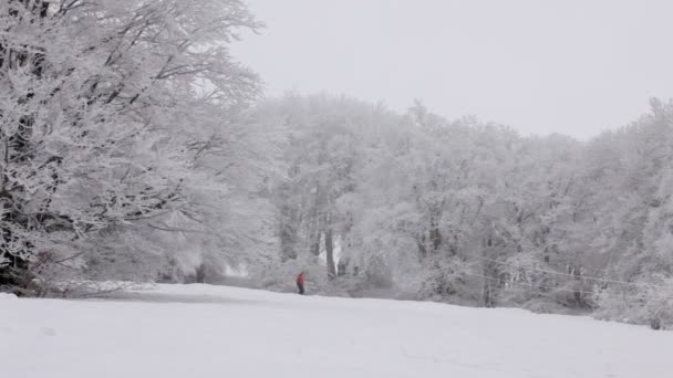 Extremalna jazda na snowboardzie. snowboardzista jadąc w dół wzgórza z mgły. — Wideo stockowe