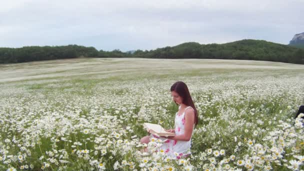 Jeune fille lisant un livre. Une jeune fille s'assoit sur un beau champ de camomille et lit plus de livres . — Video