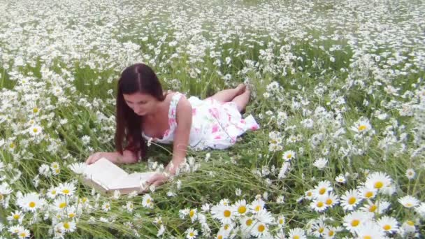 Jong meisje het lezen van een boek. een jong meisje zit op een mooi gebied van kamille en meer boeken lezen. — Stockvideo