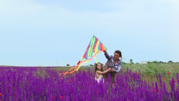 Mãe e filha lançam um papagaio. Uma mulher com uma criança pequena correndo por um campo de flores bonitas e lançar um papagaio . — Vídeo de Stock