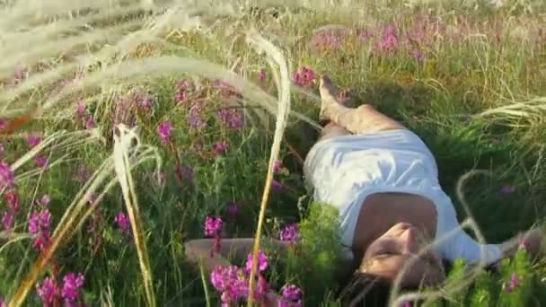 La chica rueda en el campo. Hermosa chica tendida en el campo. Luego los rollos de atrás hacia atrás. Cámara móvil . — Vídeos de Stock