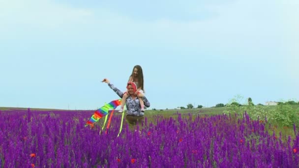 Moeder en dochter lanceren een vlieger. een vrouw met een klein kind loopt door een veld van prachtige bloemen en lancering een vlieger. — Stockvideo