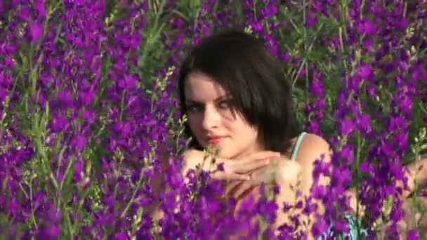 Beautiful girl on the field of lupine. Sexy girl sits on a beautiful field of purple flowers and smiles. — Stock Video