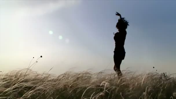Dívka bavit na hřišti. silueta veselé děvče prochází polem s vysokou trávou. silueta. — Stock video