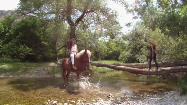 Átkelés egy keskeny folyó, egy lovat, nő. — Stock videók