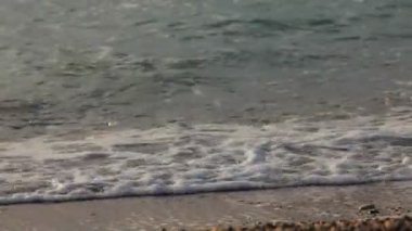 dalgalı bir deniz. denizin dalgaları birbiri ardına kumlu sahilde haddelenmiş.