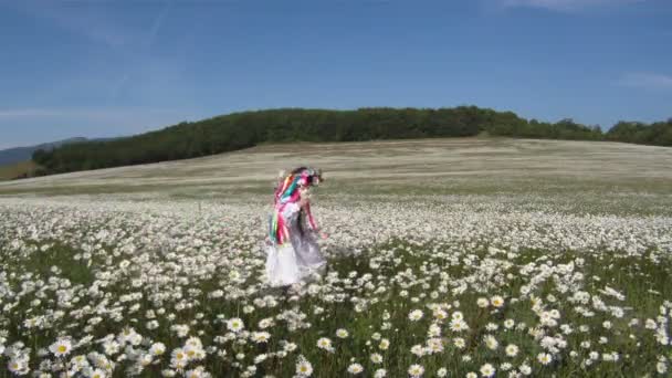 Little girl dressed in a traditional Ukrainian costume and holding a bouquet of daisies. — Stock Video